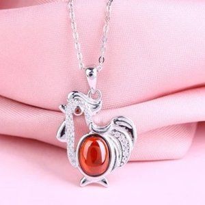 14k Gold Natural Garnet Diamonds Chicken Sterling Silver Necklace